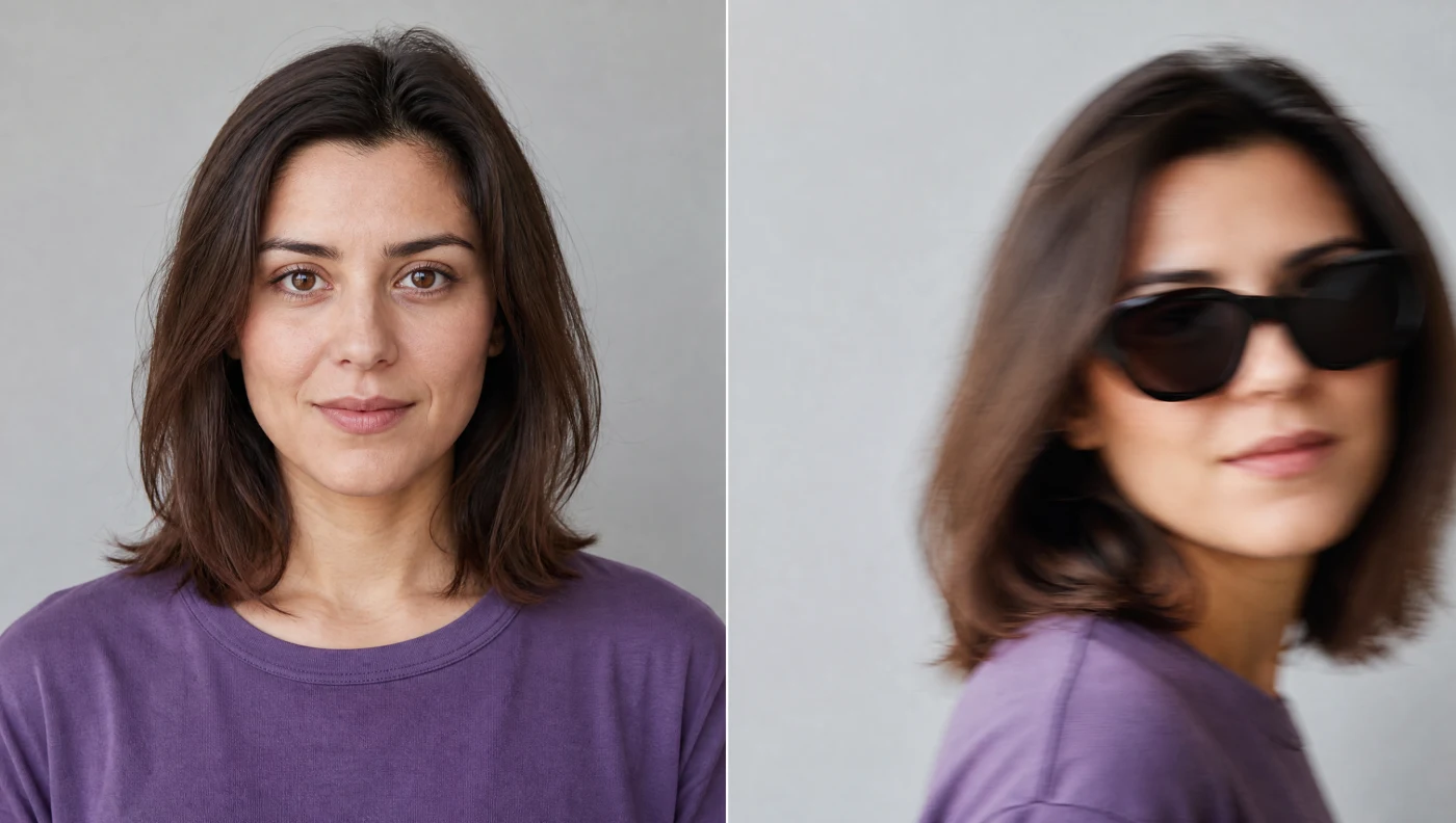 Side-by-side source-photo guidance showing a clear, well-lit portrait and a blurred portrait with the face hidden by sunglasses and hair